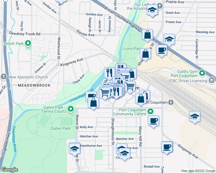 map of restaurants, bars, coffee shops, grocery stores, and more near 2362 Whyte Avenue in Port Coquitlam