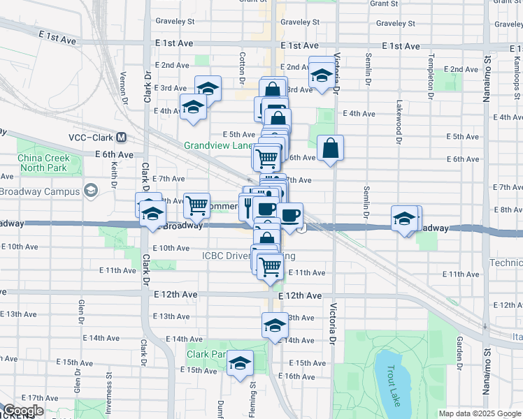 map of restaurants, bars, coffee shops, grocery stores, and more near in Vancouver