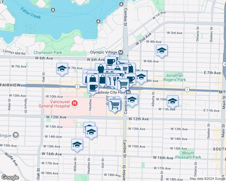 map of restaurants, bars, coffee shops, grocery stores, and more near 550 West Broadway in Vancouver