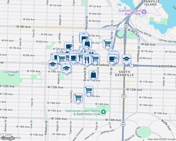 map of restaurants, bars, coffee shops, grocery stores, and more near 1775 West 10th Avenue in Vancouver