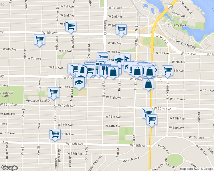 map of restaurants, bars, coffee shops, grocery stores, and more near in Vancouver