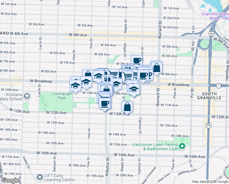map of restaurants, bars, coffee shops, grocery stores, and more near in Vancouver