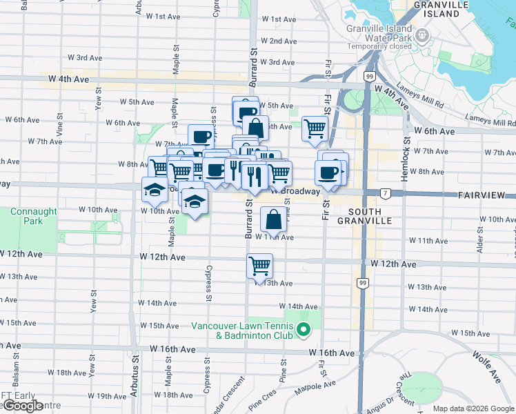 map of restaurants, bars, coffee shops, grocery stores, and more near in Vancouver
