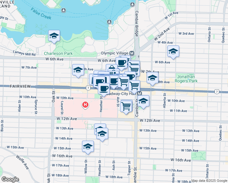 map of restaurants, bars, coffee shops, grocery stores, and more near in Vancouver
