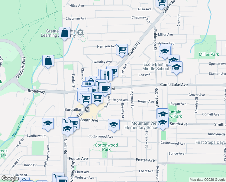 map of restaurants, bars, coffee shops, grocery stores, and more near 608 Como Lake Avenue in Coquitlam