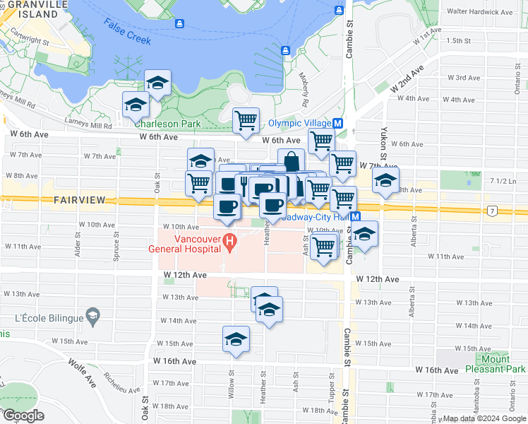 map of restaurants, bars, coffee shops, grocery stores, and more near 2525 Heather Street in Vancouver