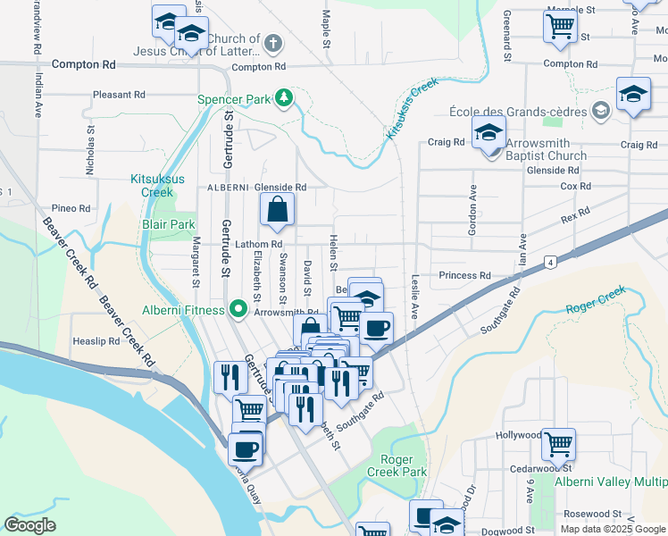 map of restaurants, bars, coffee shops, grocery stores, and more near 4864 Helen Street in Port Alberni