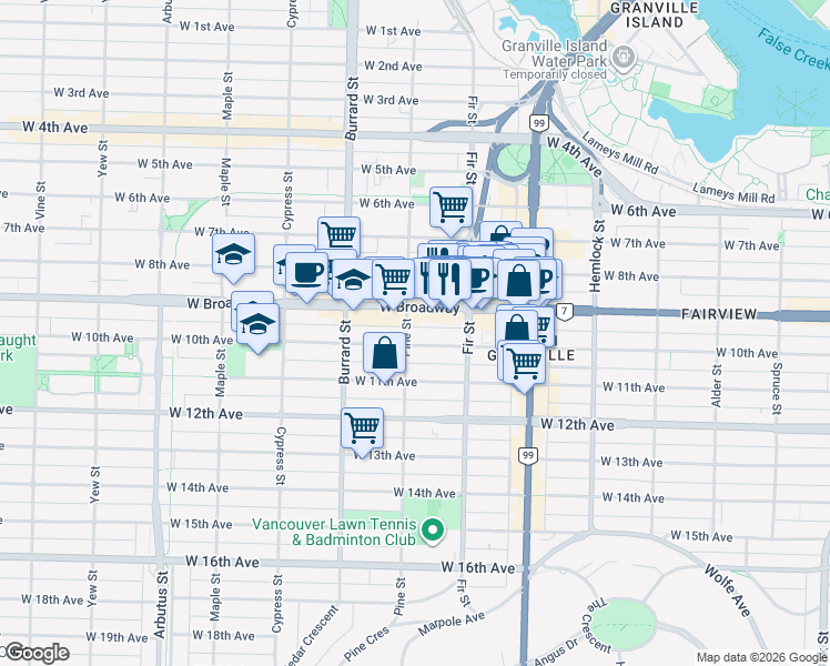 map of restaurants, bars, coffee shops, grocery stores, and more near 1695 West 10th Avenue in Vancouver
