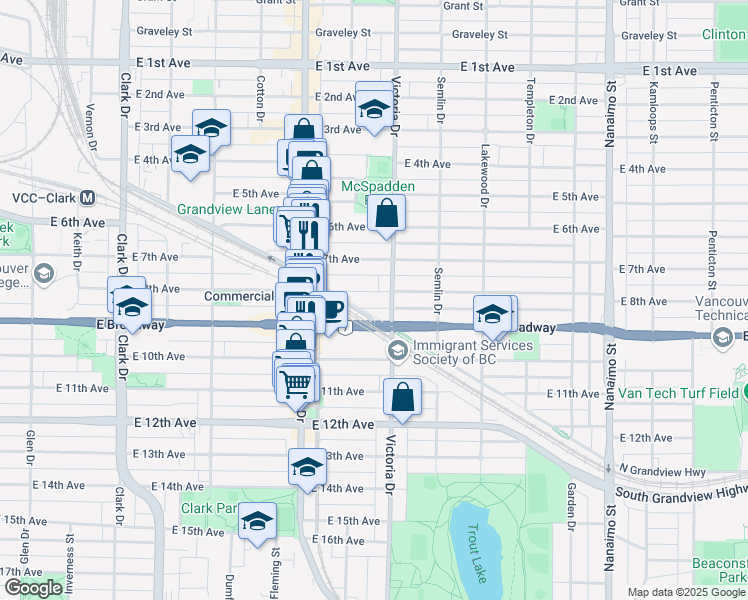 map of restaurants, bars, coffee shops, grocery stores, and more near 1854 East 8th Avenue in Vancouver