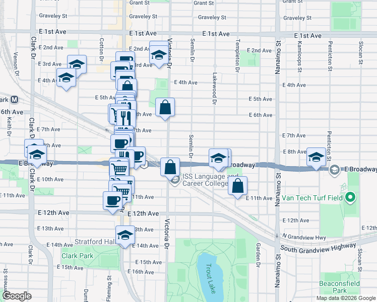 map of restaurants, bars, coffee shops, grocery stores, and more near 1996 East 8th Avenue in Vancouver
