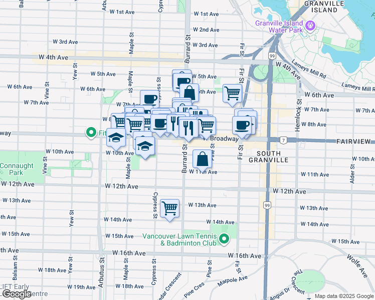 map of restaurants, bars, coffee shops, grocery stores, and more near in Vancouver