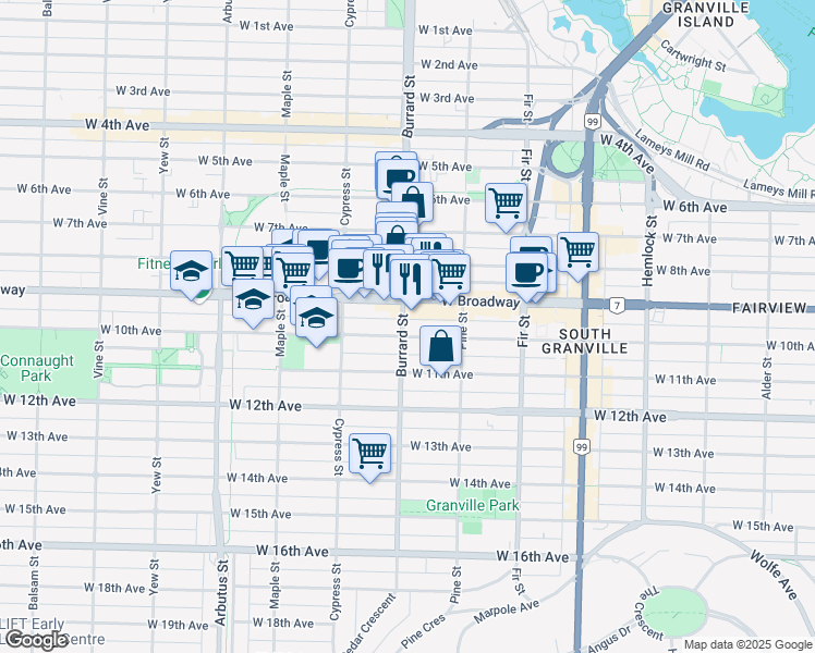 map of restaurants, bars, coffee shops, grocery stores, and more near 2578 Burrard Street in Vancouver