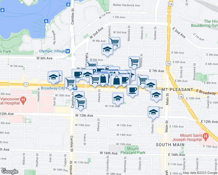 map of restaurants, bars, coffee shops, grocery stores, and more near 200 West Broadway in Vancouver