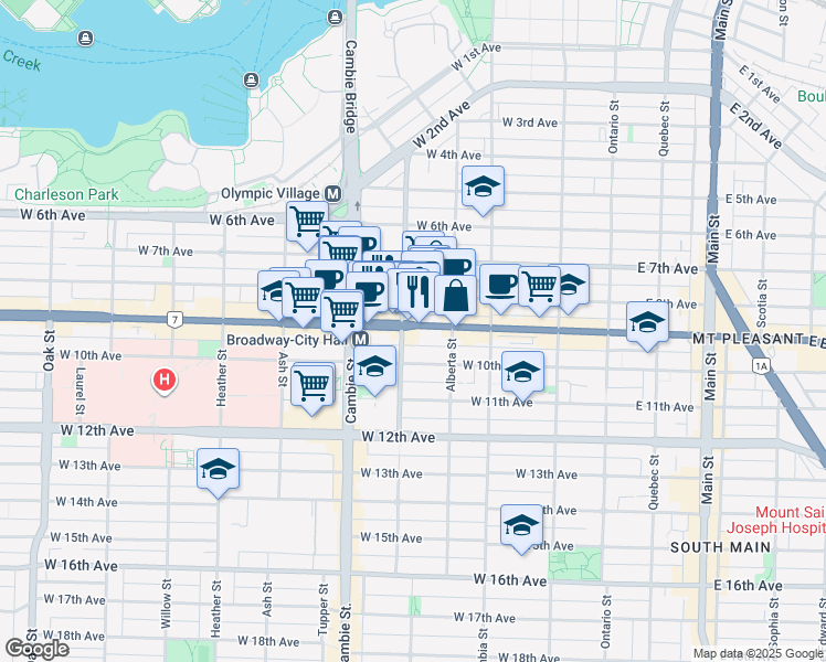 map of restaurants, bars, coffee shops, grocery stores, and more near 388 British Columbia 7 in Vancouver