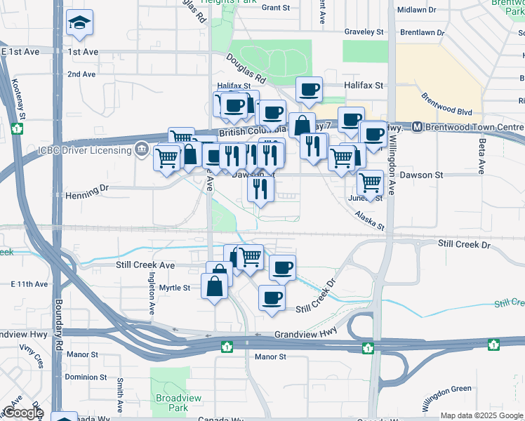map of restaurants, bars, coffee shops, grocery stores, and more near 2345 Madison Avenue in Burnaby