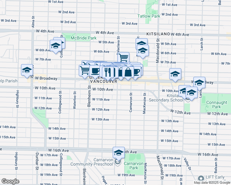 map of restaurants, bars, coffee shops, grocery stores, and more near 3106 West 10th Avenue in Vancouver