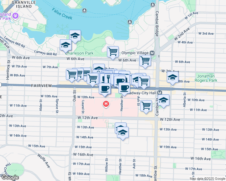 map of restaurants, bars, coffee shops, grocery stores, and more near 750 West Broadway in Vancouver