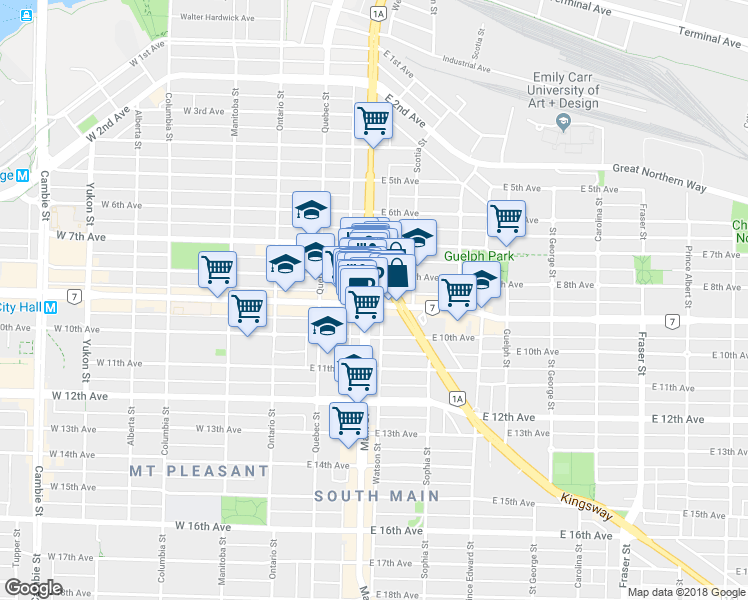 map of restaurants, bars, coffee shops, grocery stores, and more near 2490 Main Street in Vancouver