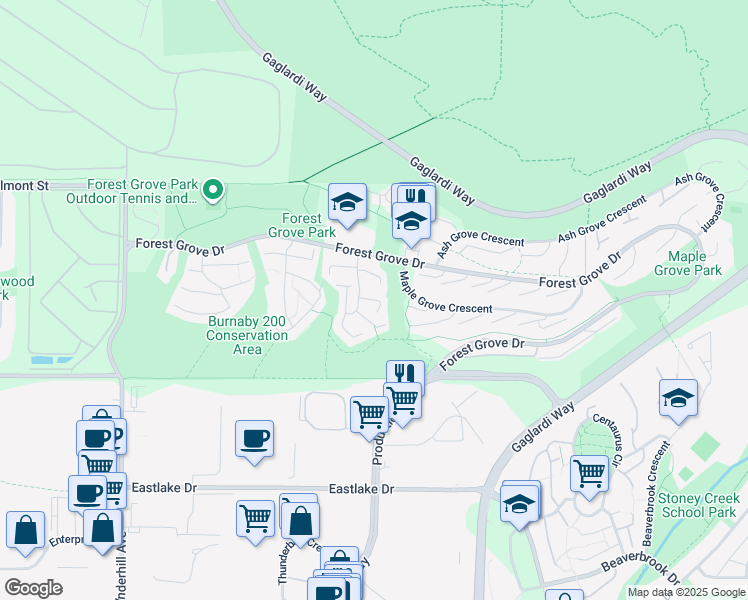 map of restaurants, bars, coffee shops, grocery stores, and more near 8575 Woodridge Place in Burnaby