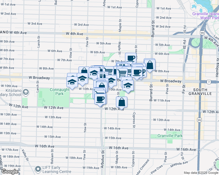 map of restaurants, bars, coffee shops, grocery stores, and more near 2033 West 10th Avenue in Vancouver