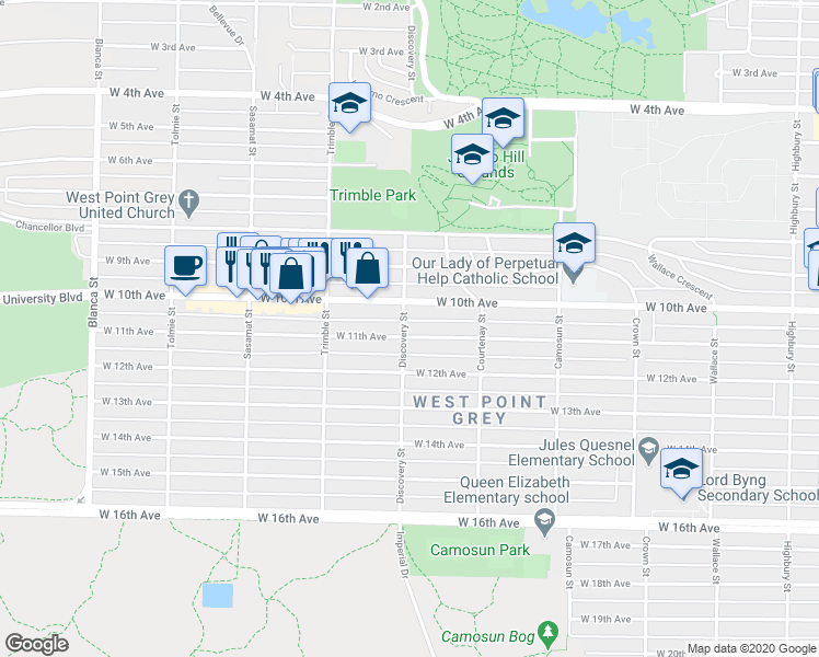 map of restaurants, bars, coffee shops, grocery stores, and more near 4297 West 11th Avenue in Vancouver