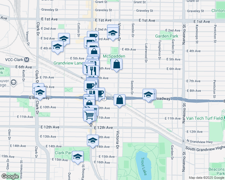 map of restaurants, bars, coffee shops, grocery stores, and more near 1850 East 8th Avenue in Vancouver