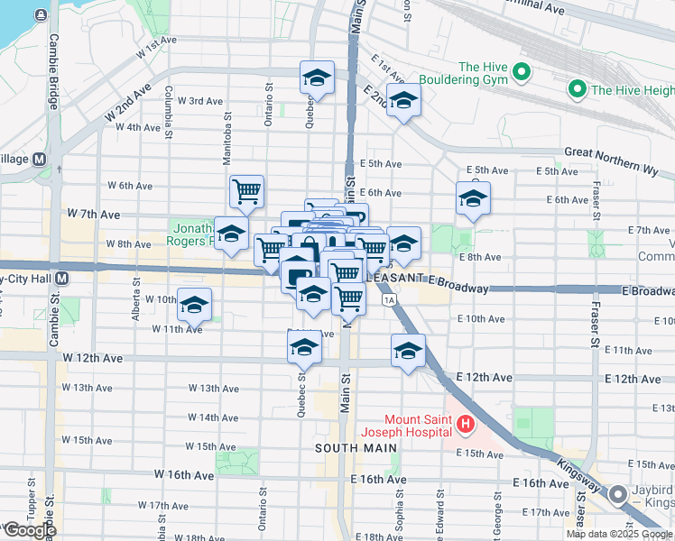 map of restaurants, bars, coffee shops, grocery stores, and more near 501 East Broadway in Vancouver