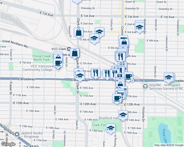 map of restaurants, bars, coffee shops, grocery stores, and more near 1420 East 8th Avenue in Vancouver