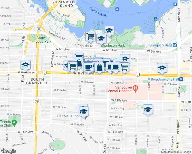 map of restaurants, bars, coffee shops, grocery stores, and more near 2550 Spruce Street in Vancouver