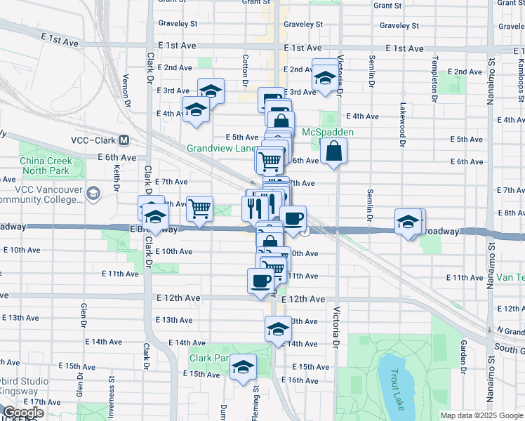 map of restaurants, bars, coffee shops, grocery stores, and more near 1688 East 8th Avenue in Vancouver