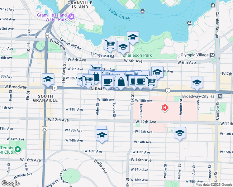 map of restaurants, bars, coffee shops, grocery stores, and more near 2540 Spruce Street in Vancouver