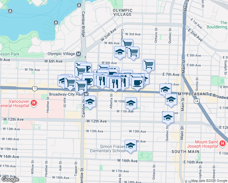 map of restaurants, bars, coffee shops, grocery stores, and more near 236 West Broadway in Vancouver