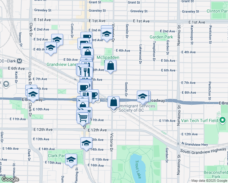 map of restaurants, bars, coffee shops, grocery stores, and more near 2412 Victoria Drive in Vancouver