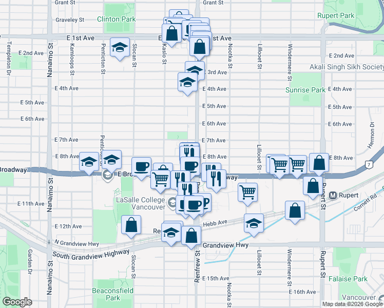map of restaurants, bars, coffee shops, grocery stores, and more near 2387 Renfrew Street in Vancouver