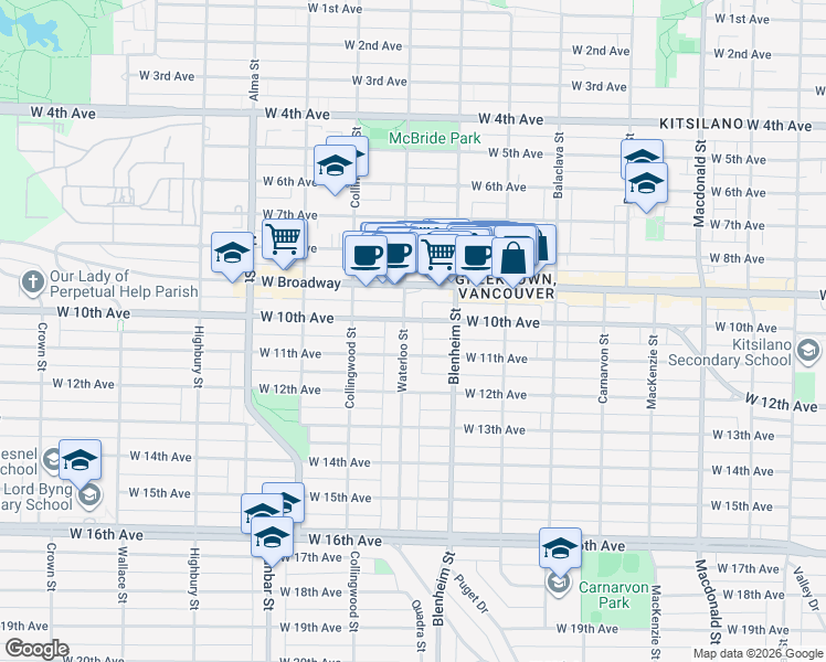 map of restaurants, bars, coffee shops, grocery stores, and more near 2624 Waterloo Street in Vancouver