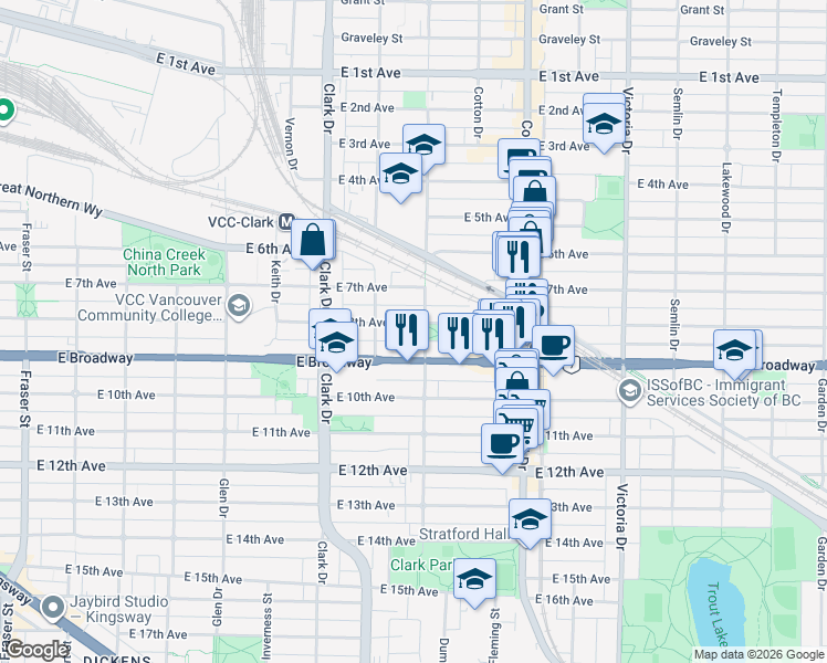 map of restaurants, bars, coffee shops, grocery stores, and more near in Vancouver