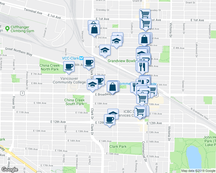 map of restaurants, bars, coffee shops, grocery stores, and more near in Vancouver