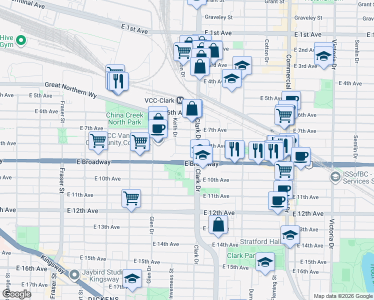 map of restaurants, bars, coffee shops, grocery stores, and more near 1244 East 8th Avenue in Vancouver