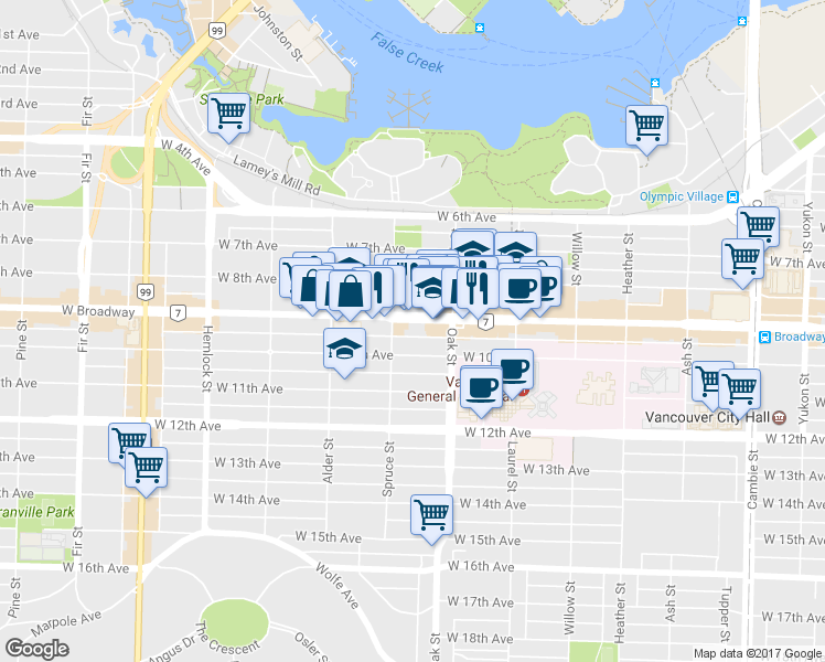 map of restaurants, bars, coffee shops, grocery stores, and more near 1020 West Broadway in Vancouver