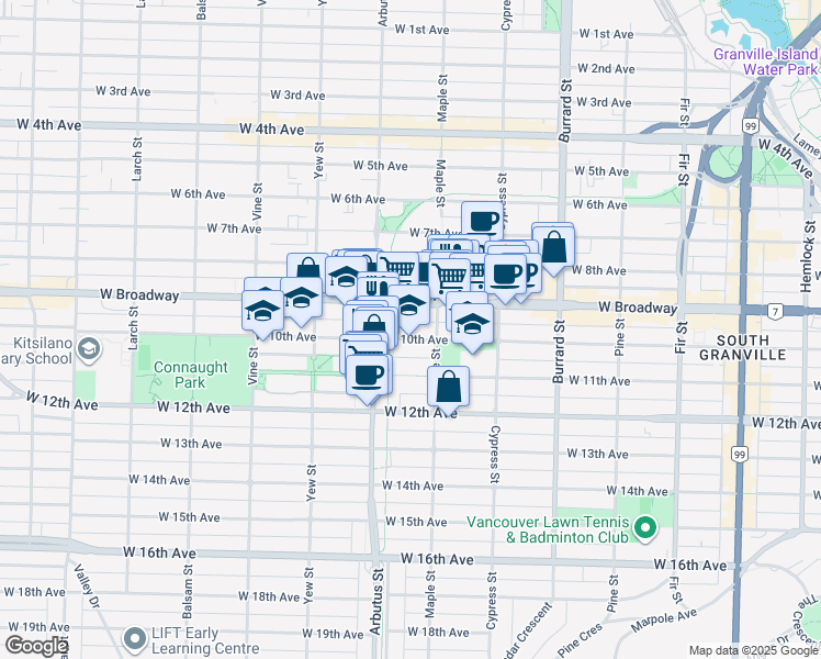 map of restaurants, bars, coffee shops, grocery stores, and more near in Vancouver