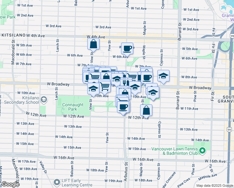 map of restaurants, bars, coffee shops, grocery stores, and more near in Vancouver