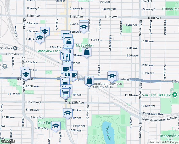 map of restaurants, bars, coffee shops, grocery stores, and more near 2408 Victoria Drive in Vancouver