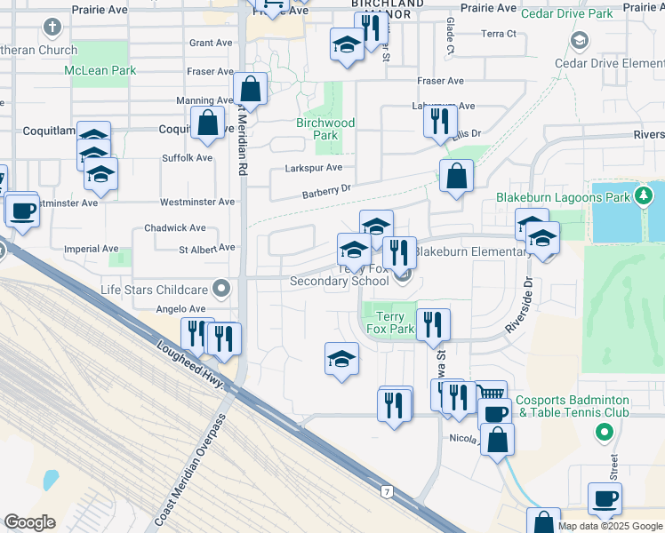map of restaurants, bars, coffee shops, grocery stores, and more near 52 Riverwood Gate in Port Coquitlam