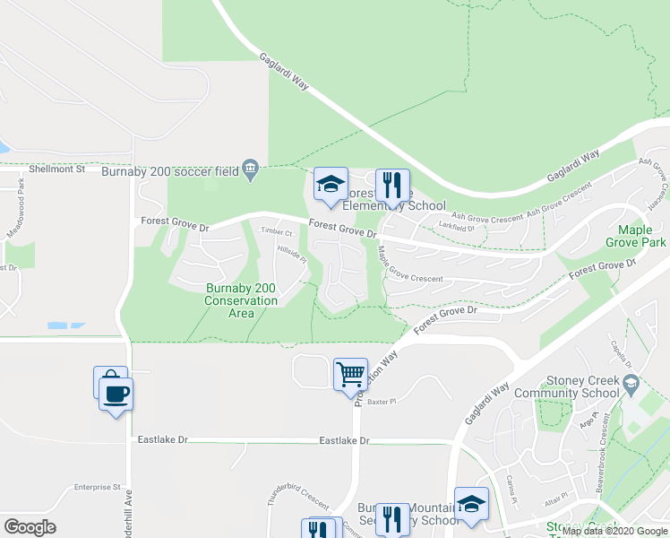 map of restaurants, bars, coffee shops, grocery stores, and more near 8530 Woodtrail Place in Burnaby