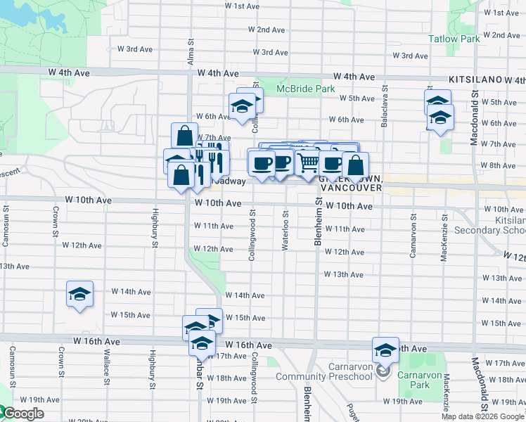 map of restaurants, bars, coffee shops, grocery stores, and more near 3456 West 10th Avenue in Vancouver