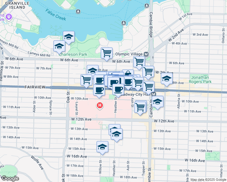 map of restaurants, bars, coffee shops, grocery stores, and more near 708 West Broadway in Vancouver