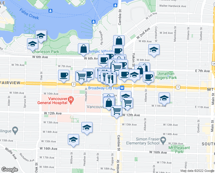 map of restaurants, bars, coffee shops, grocery stores, and more near 552 West Broadway in Vancouver