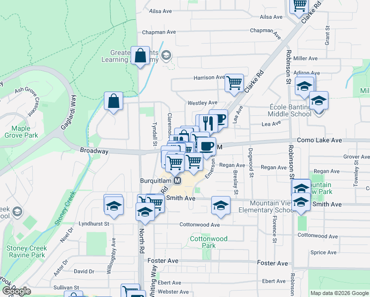 map of restaurants, bars, coffee shops, grocery stores, and more near 567 Clarke Road in Coquitlam