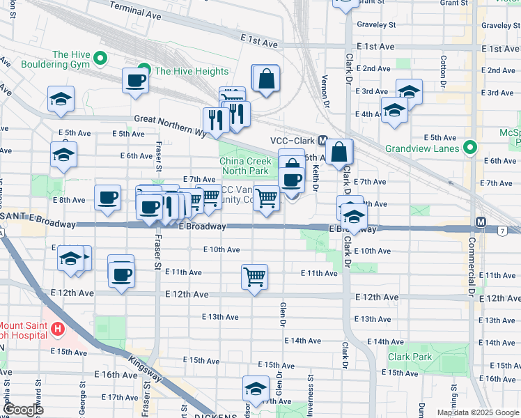 map of restaurants, bars, coffee shops, grocery stores, and more near in Vancouver
