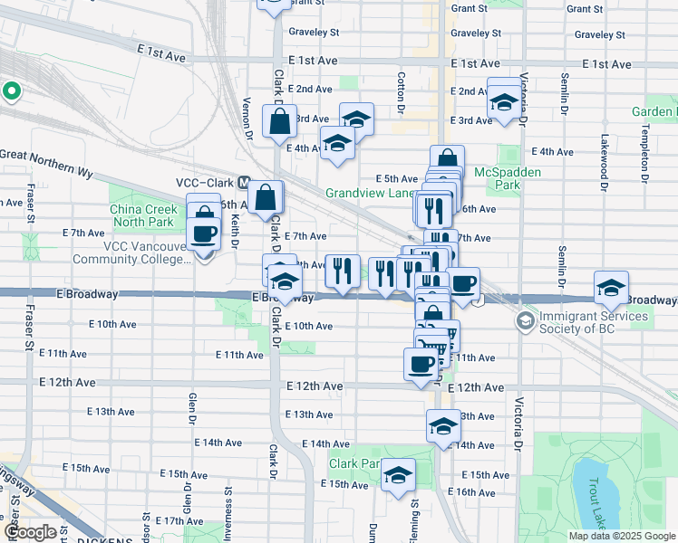map of restaurants, bars, coffee shops, grocery stores, and more near 1430 East 8th Avenue in Vancouver